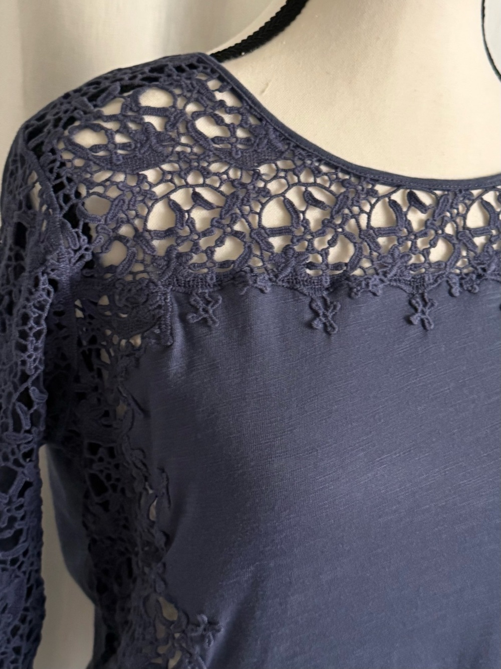 Sundance Dusty Midnight Blue Lace Long Sleeve Boho Romantic Jersey Top Medium
